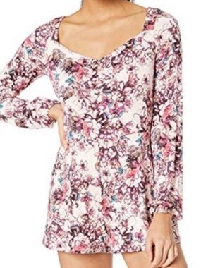 GUESS JEWELL HYPER BLOOM PRINT ROSE DUST FLORAL LONG SLEEVE ROMPER SZ M